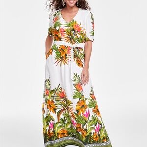 INC Women's Printed V-Neck Tie-Waist Dress Tropical Print - Pink, Green, Orange